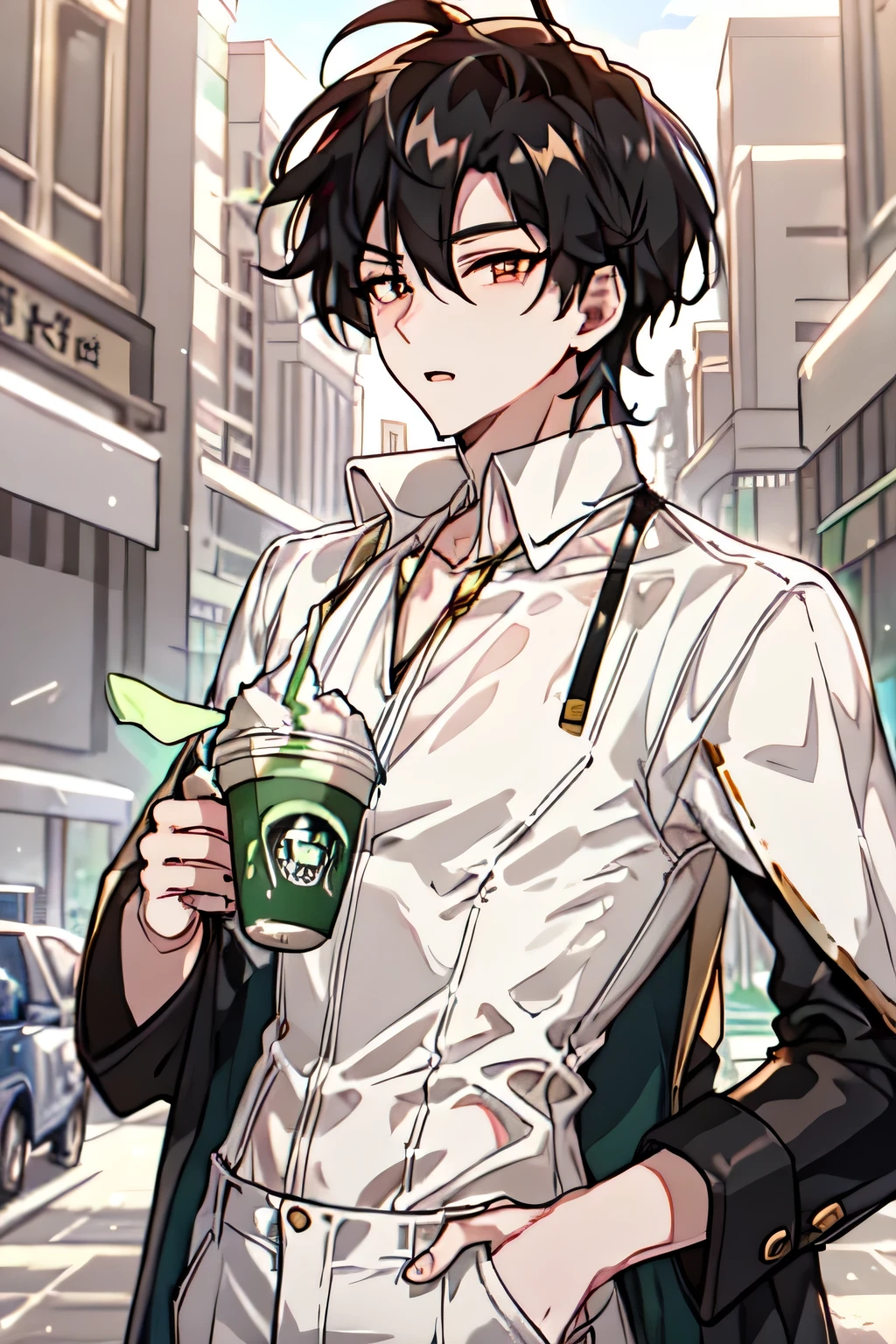 Korean style male character, 23 years old, height 180 cm, medium-length black hair cut in a short pixie Korean male style, clear glowing golden eyes with vertically slit black pupils, wearing a light-colored button-up shirt with open front and sleeves slightly rolled up to show toned forearms, shiny black fitted undershirt, loose white or beige pants inspired by clean minimalist street fashion, slim yet athletic build with visible muscle tone, confident and relaxed posture, handsome face with sharp jawline, approachable but slightly intimidating aura, holding a green tea frappuccino with whipped cream in one hand, modern urban background with smooth textures, soft natural lighting, semi-realistic anime style, cinematic quality