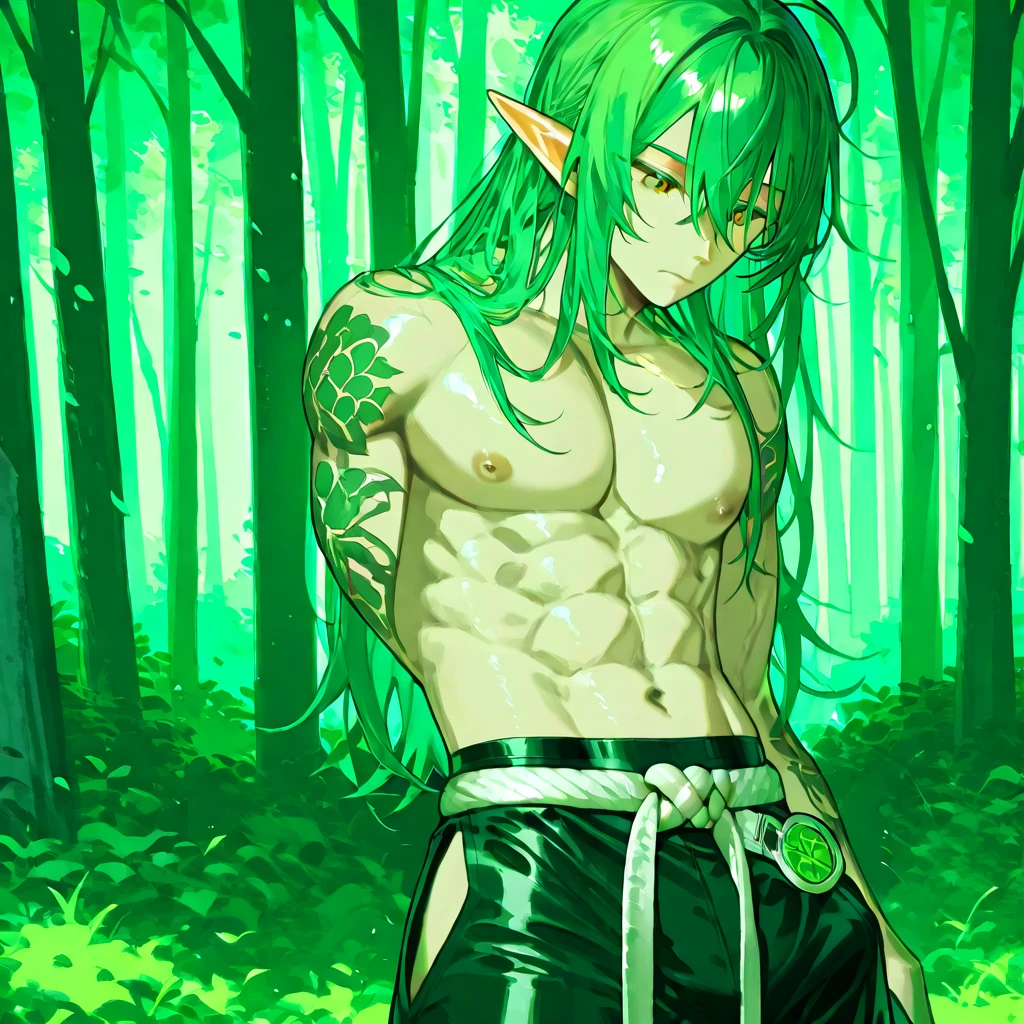 (masterpiece, best quality), 1boy,  wearing micro thong, full mast, erect bulge, see-through thong , mushroom water world, wide angle, athletic body, male, iridescent skin, flat chest, silver eyes, green hair styled in spikes, determined expression, bioluminescent lighting, small waist, broad chest, big mane, slim scruffy, muscular , illustration, watercolor ink sketch, (best quality)), intricate detailed,solo, masterpiece, art by hermann nitsch, zdzislaw beksinski, dariusz zawadzki, giger, dragan bibin and l