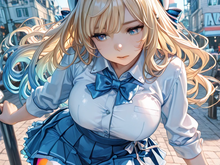 ((One girl)), Beautiful Face,An evil smile,Blushing,Glossy Lips,Abstract, Harbor night view, ((Anime style background)),masterpiece, highest quality, so beautiful, Absurd, up to date, Complex details, Pink long nails,AI-generated, Complex,High resolution, highest quality, super high quality,3D Images、View the viewers、3D Images,one person,Long Blonde Hair,High Ponytail,blue eyes,Anime girl posing for photo, [[Fine grain、Colorful eyes、Shining Eyes:1.15]],(Squint your eyes:1.1),a hyperRealistic , hyperRealistic , Realistic , blonde anime girl with long hair, Smooth anime CG art, Beautiful anime school girl,White long sleeve blouse,Blue checked skirt,Big blue chest ribbon, Earrings,(Large Breasts:1.3),Mature Body,tall,Big Ass,Fine details,Abdominal muscles,(Look Back),Stick your butt out,Put your hands on your face