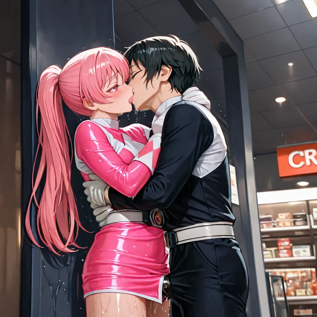 a couple of very skinny heterosexual teenagers, lovers 12 years old, both the same height, a very thin heterosexual teenage boy of 12 years old, with blue and pink hair and bangs and a very thin heterosexual teenage girl of 12 years old , with blue and pink hair with bangs, both the same height, both very thin, slender bodies. The boy and the girl look at each other face to face, hugging and kissing each other on the mouth. They are naked, shirtless and with black bracelet on the arm. They are in a narrow hallway with walls made of pink neon light.