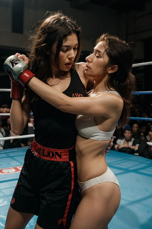 a cartoon character with no shirt in a ring fighting someone with boxing gloves, 1girl, nipples, breasts, solo, boxing gloves, blonde hair, blue eyes, long hair, topless, blush
