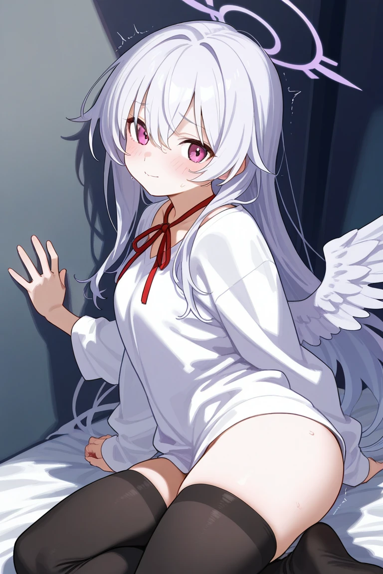 one girl, angel, angel wing, angel ring, cute, naive, beautiful, white hair, love me, sex, heart eyes, all fours, medium breasts, intercourse