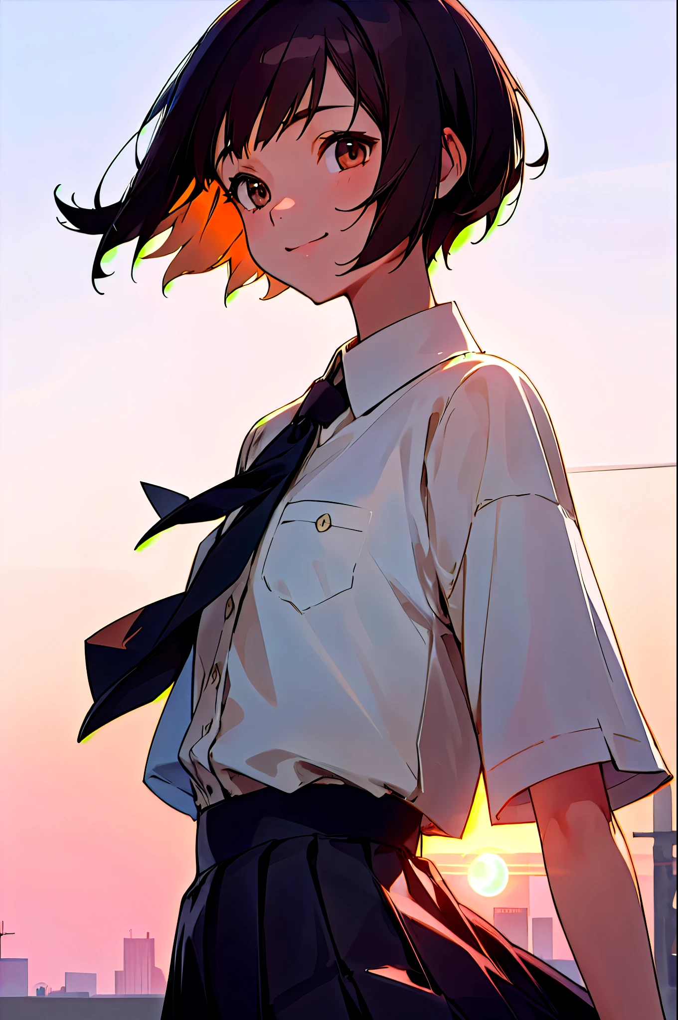 1 girl、One person、short hair、dark haired、brown eyes、Smile Yan、close-up of a small sports girl's upper body、happy vibes、break skirt、Short sleeve、pleated skirt、collared shirt、mini skirt、black skirt、black pantyhose、evening、sunset、The sun goes down、walk、Outdoor break、construction site
