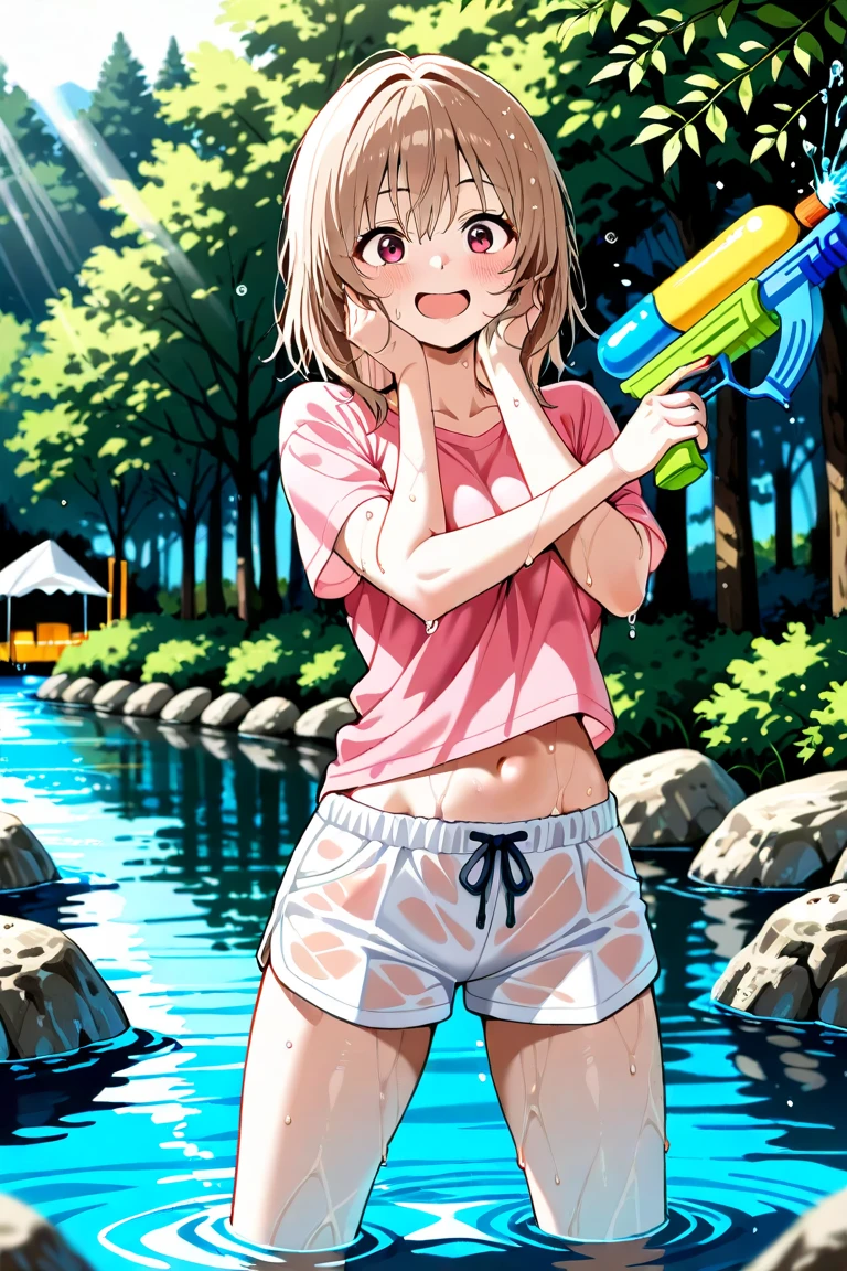 、(masterpiece、Highest quality)、Highest quality, Ultra-high resolution, (((masterpiece))), alone, Sweat、Big eyes, Composition from the front、Shortcuts、Embarrassed face、Bronze colored hair、Cut your hair short、Ocean、beach、Black Micro Bikini、belly button、short hair