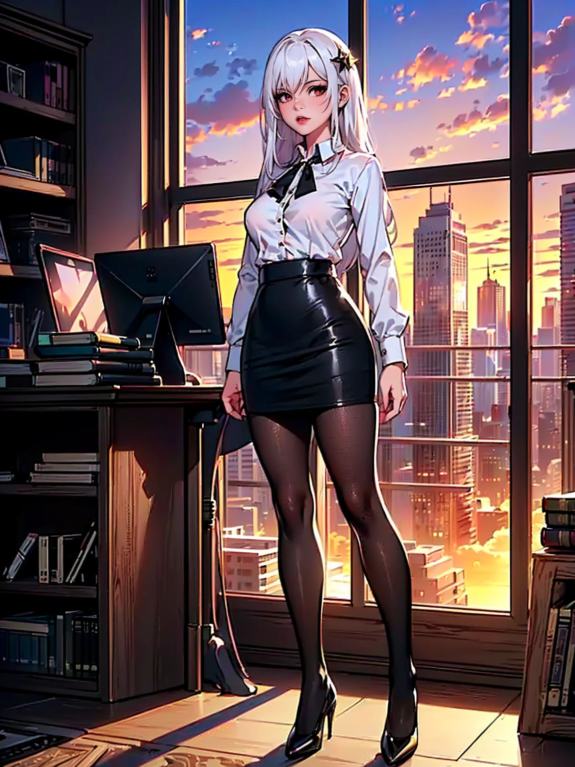 ((1girl, solo ,alone, shor hair, white hair, green eyes, small breasts, dark, tanned skin, fitness)), ((solo, (1woman, pink lipstick), Extremely detailed, ambient soft lighting, 4k, perfect eyes, a perfect face, perfect lighting, a 1girl)), austere, ((officelady, (businesswoman, sitting on the table) (Black suit, Black tight skirt), White shirt, dress shirt, Black tights, Office, lana, Beautiful woman, gazing at viewer, Looking here, hight resolution, top-quality, full body, animations, illustratio, office, penthouse, executive room, large window, landscape of a metropolis, sunset, clouds)), documents, books, table, shelves, pencil holder, computer