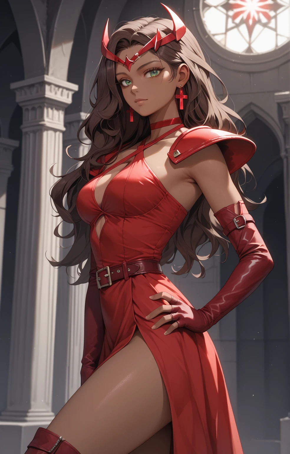 An enchanting woman clad in a scarlet gown stands regally on one leg, her hands gracefully tucked behind her back. The artist's meticulous strokes bring out the opulent curves of her figure, accentuating her opai proportions. Each contour of her form is rendered with precision by the masterful hands of Artgerm and Cutesexyrobutts.A full-body portrait captures this  marvel in a comic pinup style, exuding charm and allure.The artwork is nothing short of breathtaking, with vivid colors bursting forth from the canvas and dramatic lighting casting shadows that dance upon her form.This piece is truly an 8K masterpiece, replete with ultra-detailed intricacies that beguile the viewer's senses.