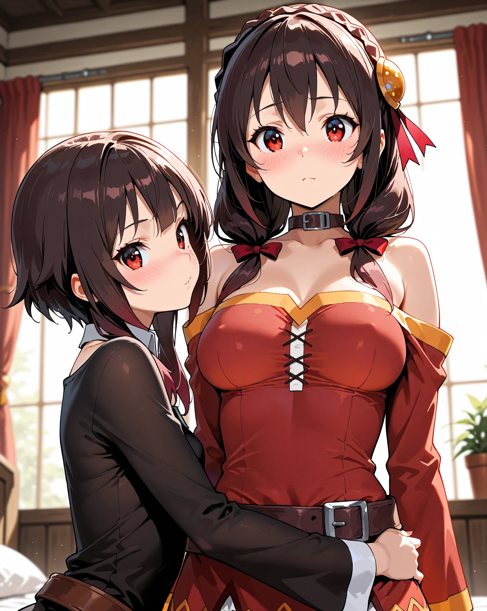 anime girl, with low neckline, brown hair and red eyes in lingerie 
