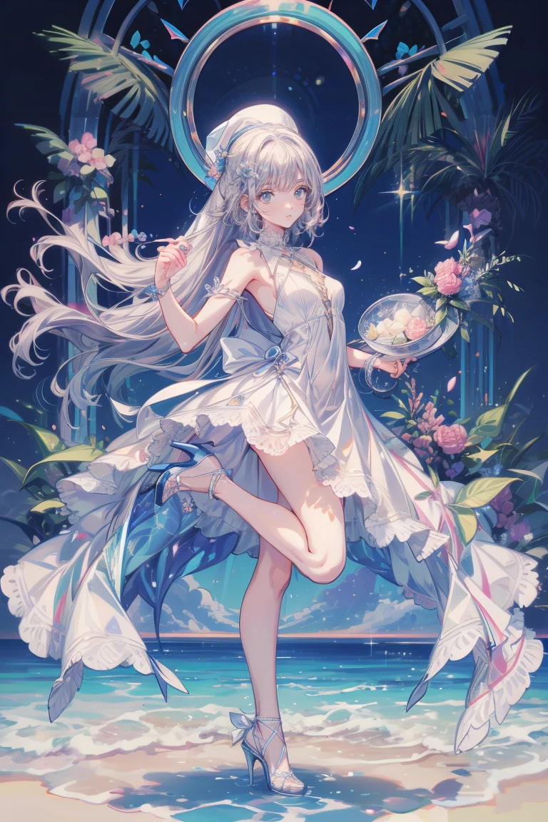(((Masterpiece))), (((Highest quality))), ((Ultra-detailed)), ((Super fine illustration)), ((Ultra-fine painting)), (16K highest quality wallpaper:1.4), (Chibi:2.0), (Full body:1.4), (Highly detailed and delicate illustration style:1.8), Detailed skin texture, Detailed cloth texture, Detailed rose flower texture, Extreme detailed description, (T-masterpiece), (Highly detailed face:1.4), (Highly detailed silver fox ears:1.2), (Highly detailed silver hair:1.2), (Highly detailed, beautiful and clear eyes:1.2), Original, RAW photo, Professional, Intricate details, Super details, Direct light:1.6, (Perfect anatomy:1.4), (Highly detailed hands:1.2), (Highly detailed fingers:1.2), (Highly detailed fingertips:1.2), (27-years-old), Real, (Solo:1.6), ((A very beautiful and attractive silver fox female fashion model:1.4)) BRAKE (Beautiful and adorable silver fox ears:1.6), (Highly detailed and delicate silver fox ears:1.4), (Beautiful and well-shaped big breasts:1.2), (Beautiful and well-shaped buttocks), (Beautiful and shiny silver hair:1.6), (Highly detailed and delicate silver hair:1.4), (Beautiful clear blue eyes that shine with great detail:1.6), (Highly detailed and delicate blue eyes:1.2), (Highly detailed face:1.4), (Smile:1.4), (Looking at viewer:1.4), (Standing:1.4), (Celebration:1.4) BRAKE ((A beautiful and gorgeous princess dress that is detailed and delicate to be worn at celebratory occasions:1.4)) BRAKE ((Holding in both hands a large bouquet of highly detailed and delicate ((white and pink roses)):1.3)) BRAKE (Just after noon:1.4), (Celebration:1.4), ((Highly detailed and delicate white rose flower and pink rose flower garden background:1.4)), (Highly detailed and delicate royal palace courtyard background in just after noon in spring:1.4) BRAKE