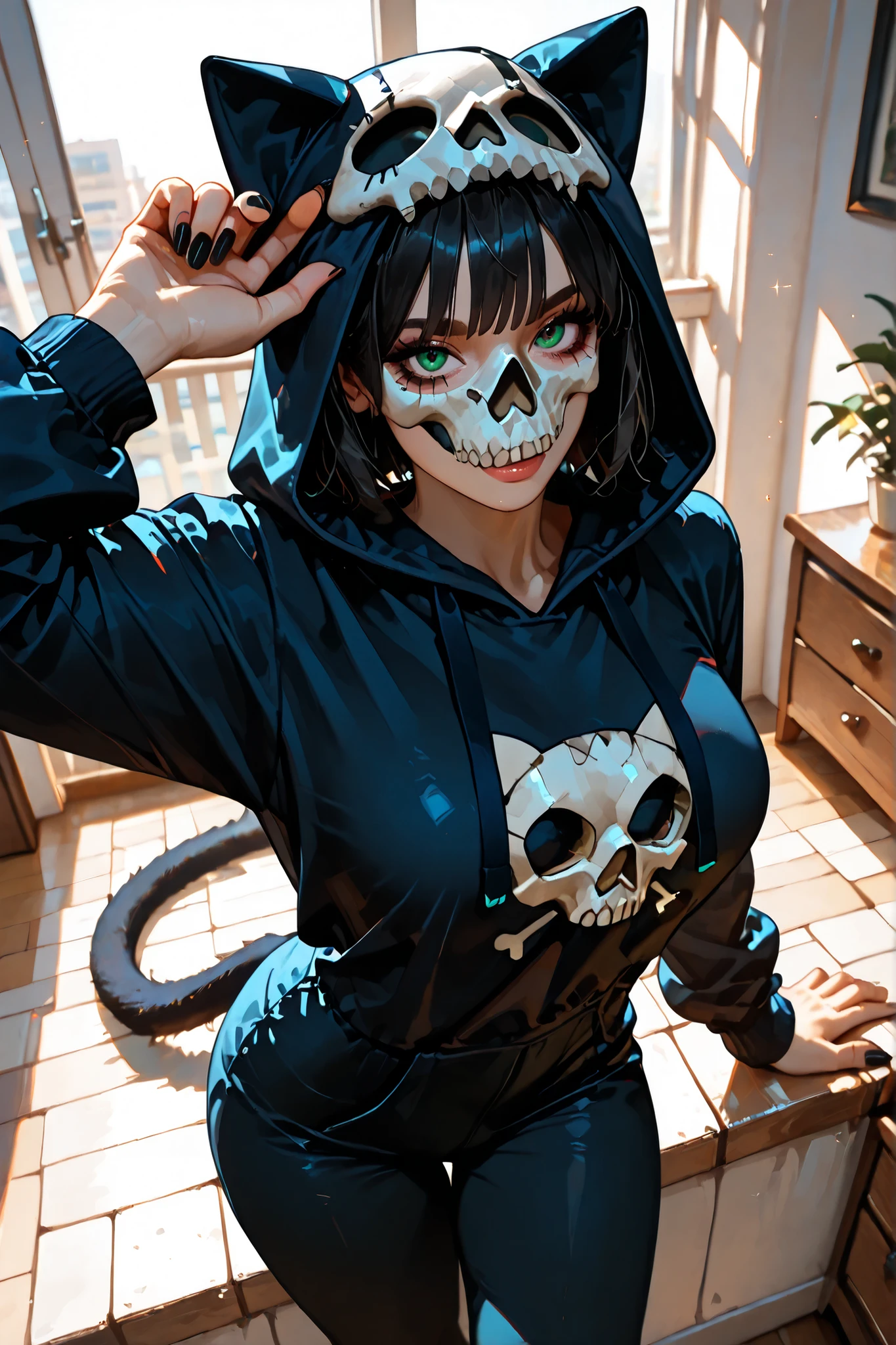 (SuperQuality:1.0) ~ (SuperQuality:1.2), detailxl, girl, Solo, High Resolution, Best Quality, High Details, Super Detailed, indoors, (simon_riley), ((skull_mask)), cat kigurumi, cat onesies, cat pajamas, large breasts, short hair, black hair, long nails, black nails, beautiful eyes, dutch angle, looking at viewer, dynamic pose, dynamic angle, ((view from above)),