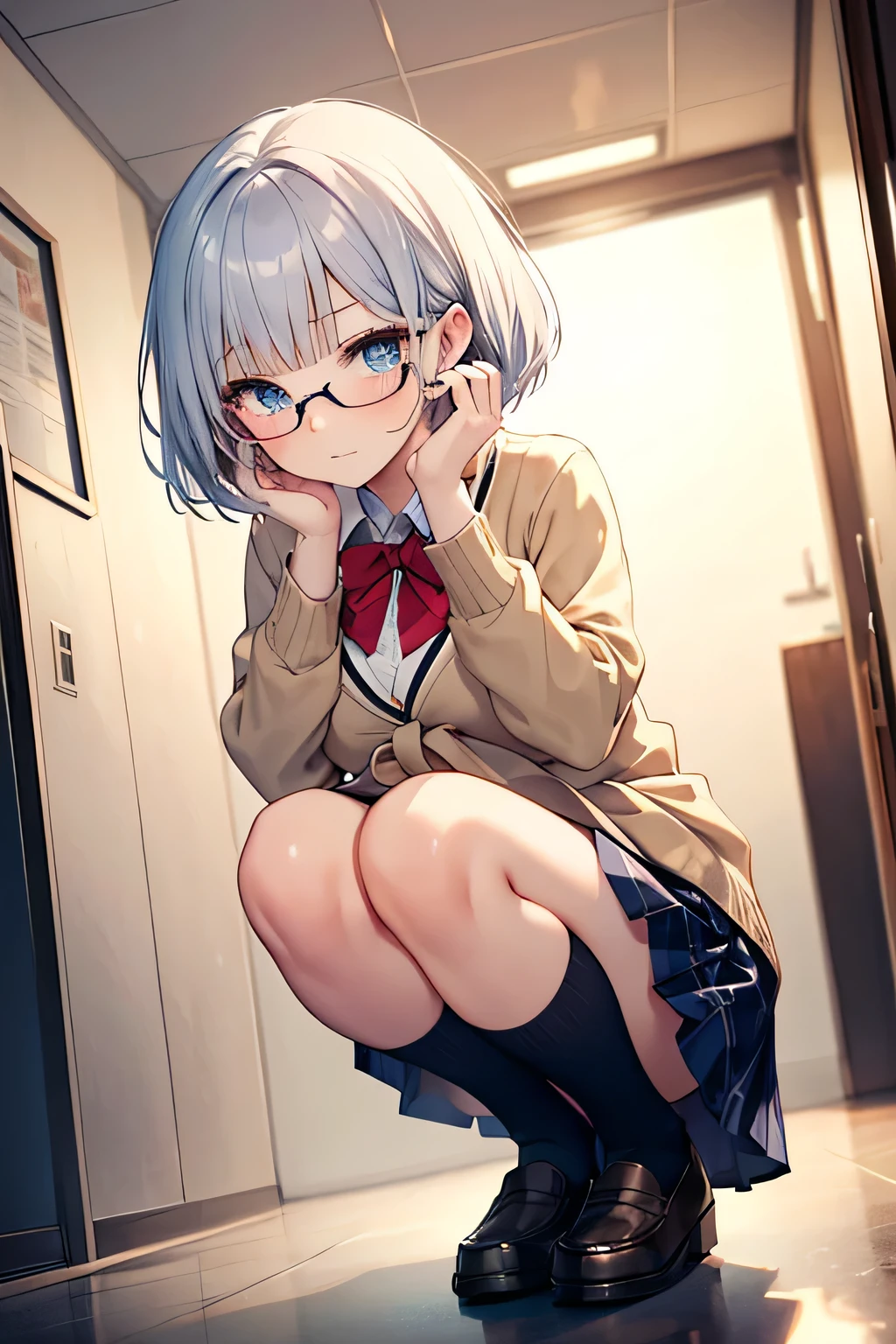 classroom、Glasses、cute、cool、、Moe sleeves、white hair、White panties、Sitting on the desk、Facing the front、Crossing your legs、Low - Angle、hoodie、front、skirt