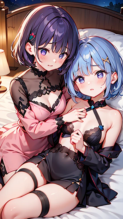 (Best quality, 8k, 32k, Masterpiece, UHD,:1.2),RAW, human, ((2girls)),ultra cute , ultra cute, natural lighting,transparent shining eyes, 20yo,Medium breast ,femur, fair complexion , flushed face, ,breast, embarrassed, ,from Below , ultra cute, (only lace bra and high-waisted panties:1.3) ,Lace garter belt with sheer stockings, Cowboy shot, wedgie, Touching each other, shiny, near windows, Closeup, (pink or navy underwear), nsfw, short or medium hair, at night, hotel bedroom, Happily smiling, (Closeup Shot)