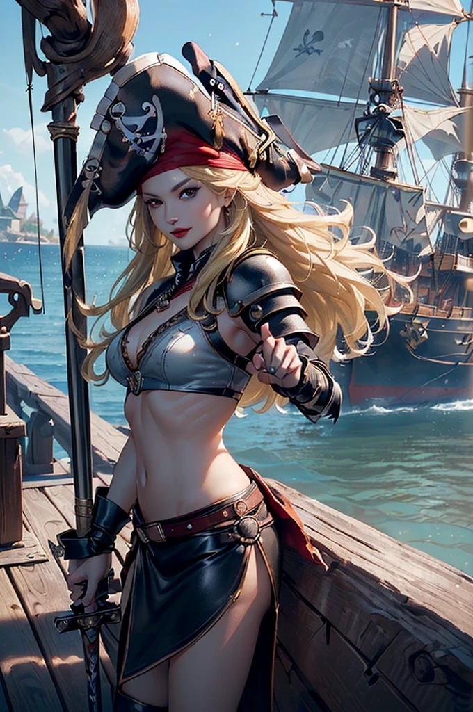 ultra detailed pirate woman wearing a tight corset and ruffled skirt with high boots, ultra detailed view of a ship in the sea, focus on beautiful face, stuningly beautiful curvy body with nice proportions, art by loish and artgerm, 32k resolution, best quality