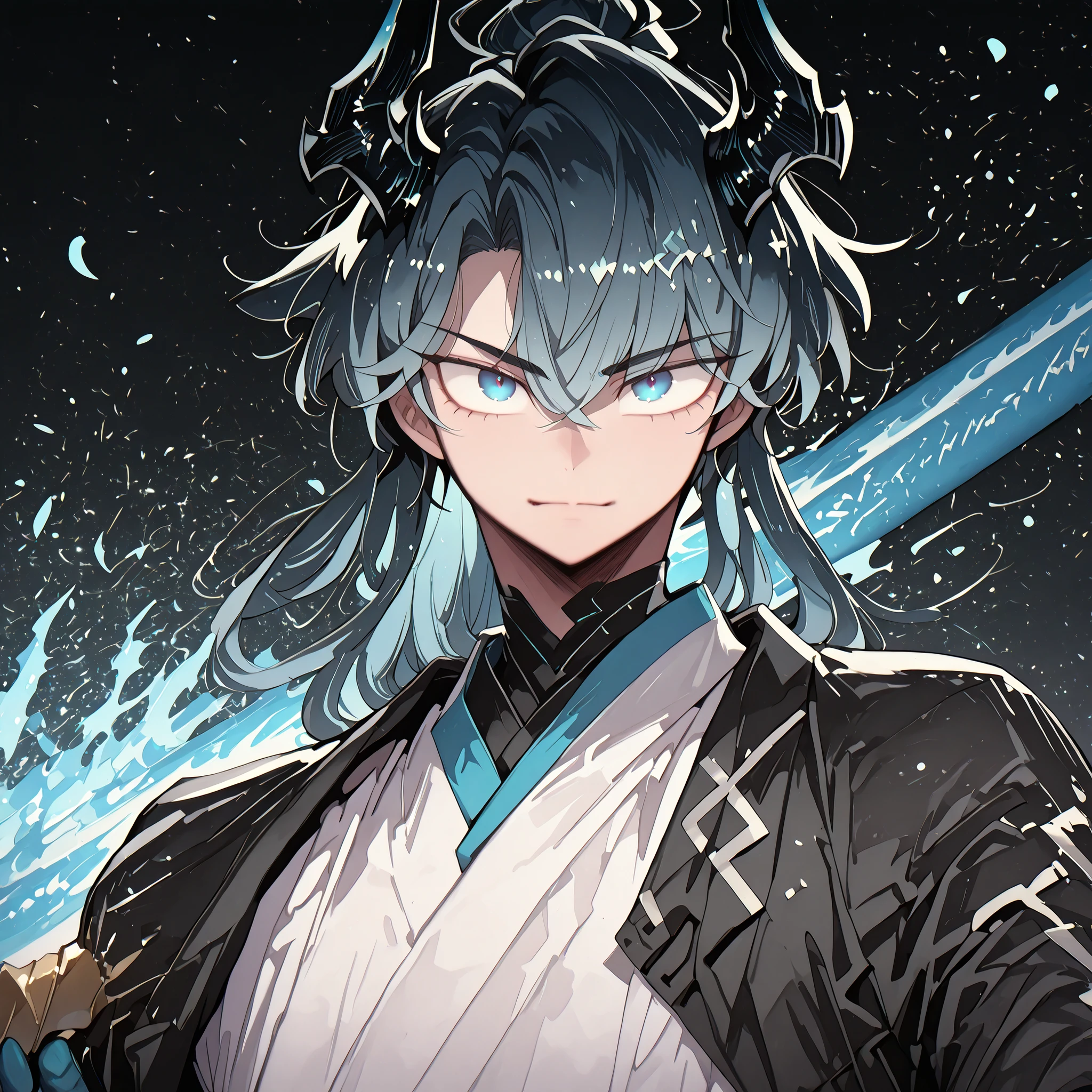 alone, 1 boy, young character, character with the height of Chung Myung from "Return Of The Mount Hua Sect", the character is male, young, black horns like Reed The Flame Shadow from "Arknights", black tail like Reed The Flame Shadow from "Arknights" with sky blue flame on the tip of the tail;

black hair with blue inside, the character's hairstyle must be the same as Chung Myung from "Return Of The Mount Hua Sect", long bangs, the character's face must be the same as Chung Myung from "Return Of The Mount Hua Sect" but with blue eyes, flashy blue eyes, provocative face, provocative smile, young, perfect and beautiful face;

perfect anatomy, arms with colorful design like Dusk's, arms with sky blue color, hands with sky blue color, hands with claws, shoulders with sky blue runes;

black coat like Dusk from "Arknights", the coat should fall down the arms leaving the shoulders exposed with the sky blue runes visible, the inner clothing should be black with gold details and should be tight to the body with a futuristic cyberpunk style design, blue arms exposed, shoulders exposed, short stature;

holding a gigantic greatsword whose blade is longer than the character's height, gigantic greatsword completely black, immense and black blade;

black background, attack position "holding a gigantic greatsword whose blade is longer than the character's height, gigantic greatsword completely black, immense and black blade", looking at the viewer, and hands with blue details, arms colored in the style of Dusk from "Arknights" but in sky blue;

Flashy pose, shoulders and head exposed, close to the face, looking at the character, looking at the viewer, face to face, provocative smile, confidence, male character, character is a young boy, character has a physique similar to Chung Myung from "Return Of The Mount Hua Sect";