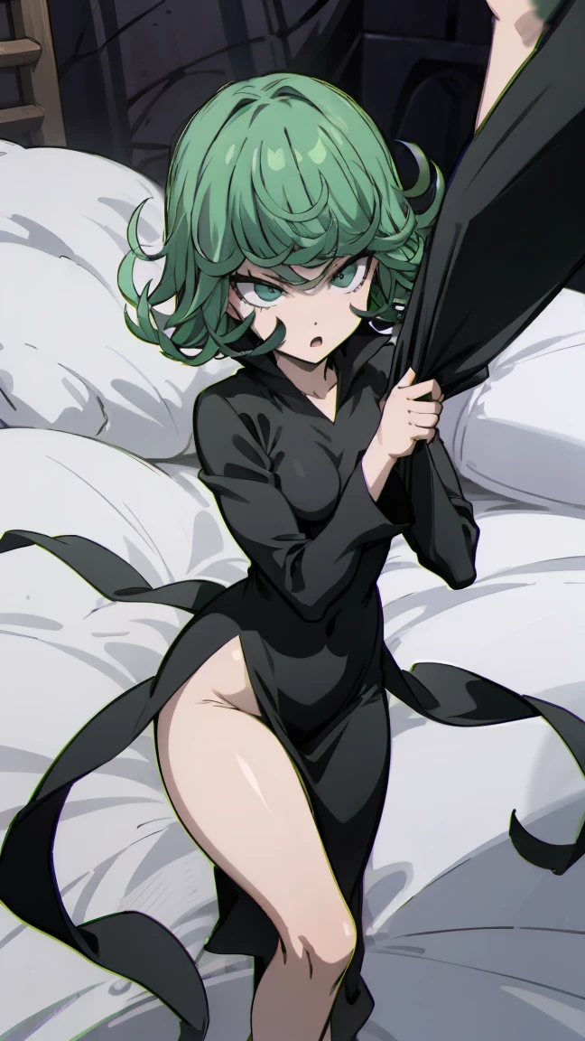 High resolution, Super detailed, Tatsumaki Tornado, Short green hair, Curly Hair, Black Dress, Long sleeve, indoor,, From below,Spread your legs、On the bed、Lying on your back、Grin、Raise your arms、Looking up