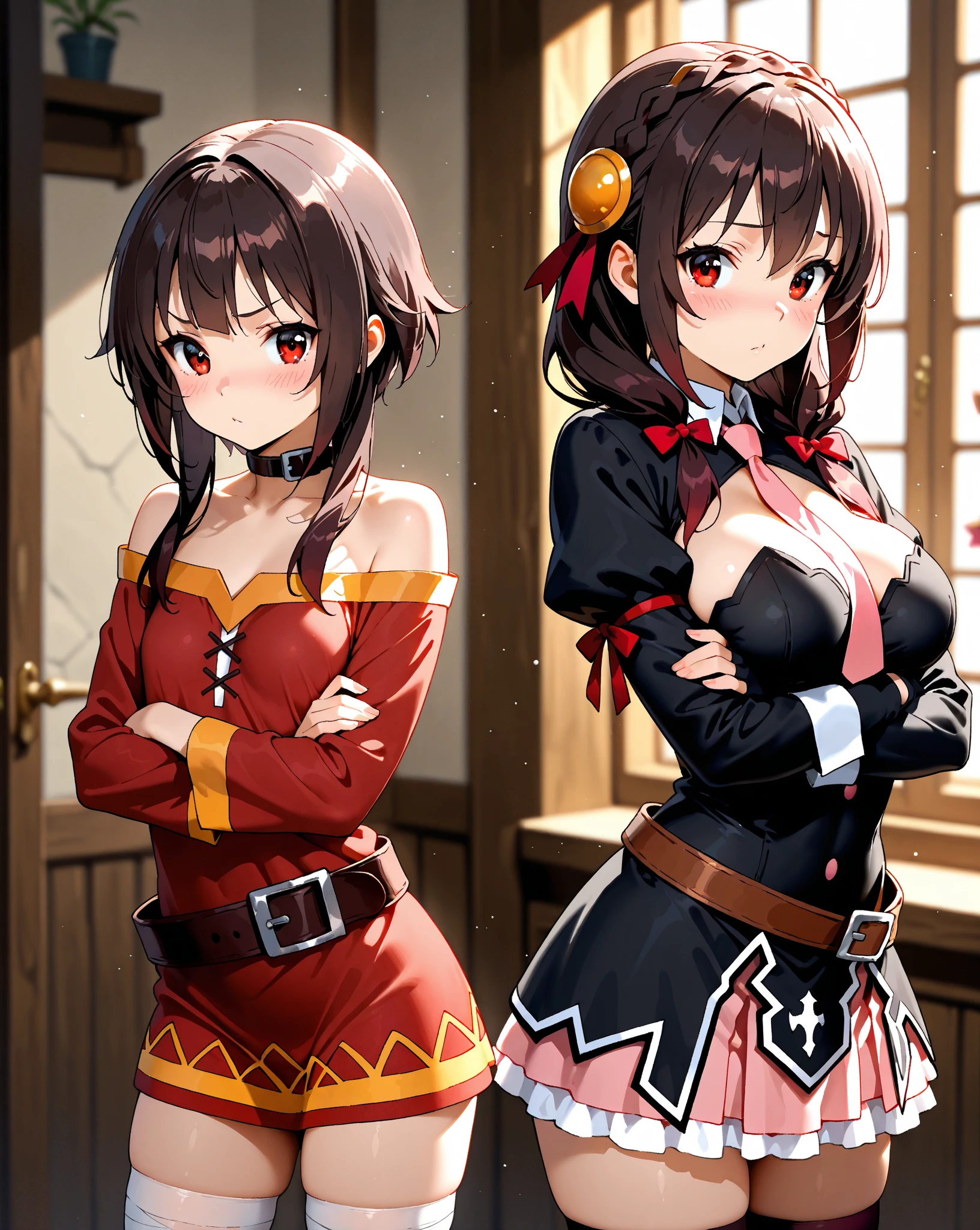 1girl, bare_shoulders, breasts, brown_hair,naked , heart, medium_breasts, midriff, navel, red_eyes, short_hair, smile, solo, standing, transparent_background, trembling,, multiple views of the same character, Subsurface scattering, rimlight, highly detailed, masterpiece, amber \(genshin impact\), brown eyes, brown hair, long hair, red hair ribbon, brown short shorts, leather gloves, pouch, thighhighs, white boots, medium breasts, cleavage cutout, shrug \(clothing\)