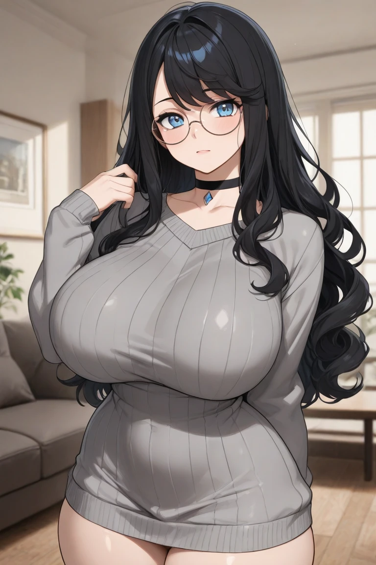 1girl,solo,Mature Woman,Black Hair,long hair,light blue eyes color,Glasses,mother,gentle,kind face,Super huge breasts,Big thighs,Black Dress,necklace,Are standing,Looking at this,Inclusive,house,in room