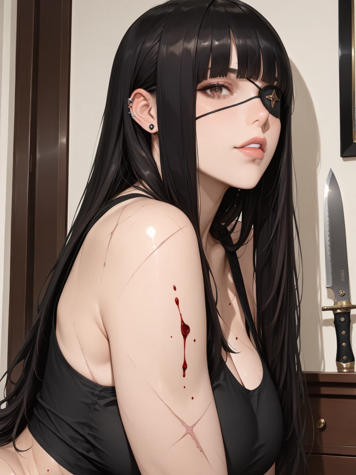 ((best quality)), ((masterpiece)), (detailed), perfect pretty face, face covered in blood, woman holding a knife , evil smirk face with bangs and long hair, black eyes anime, black hair, curvy body suit covered with latex on, in full HD quality
