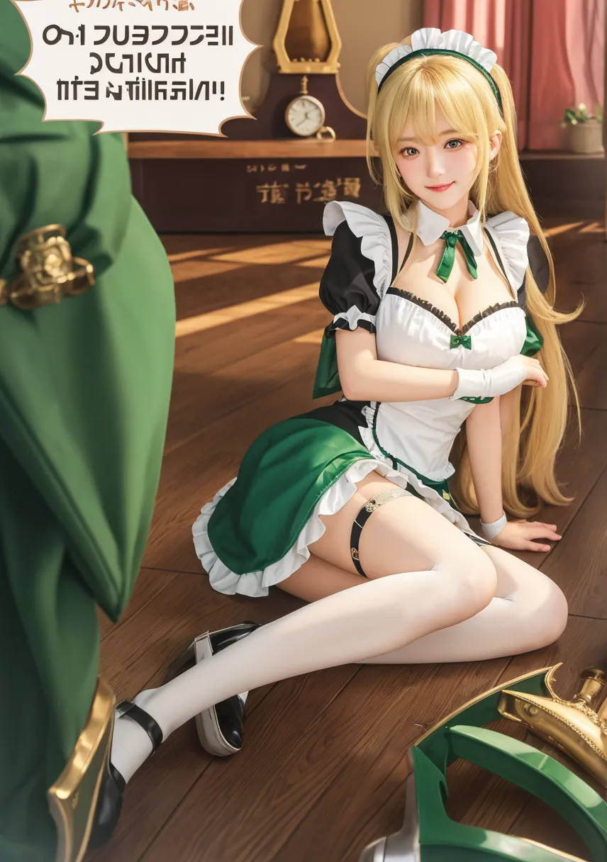 Long emerald green hair,white long lace dress,Pink bow decoration,white stockings,A ribbon is tied to the legs,Turquoise heels,A cute and soft girl,Sit on the lawn by the water,one slender leg upwards,A coquettish expression appeared on his face