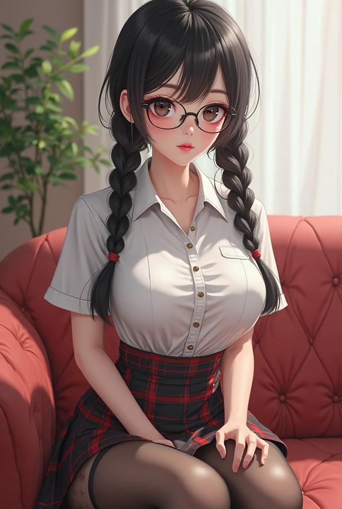 A very beautiful brunet, college girl, pigtails and bangs, wearing a sexy button-up shirt white, cleavage, medium breast, pantyhose, red checkered skirt, very gorgeous body, sexy pose, big and green eyes, eyeglasses, lipstick, eyelash, full body view.