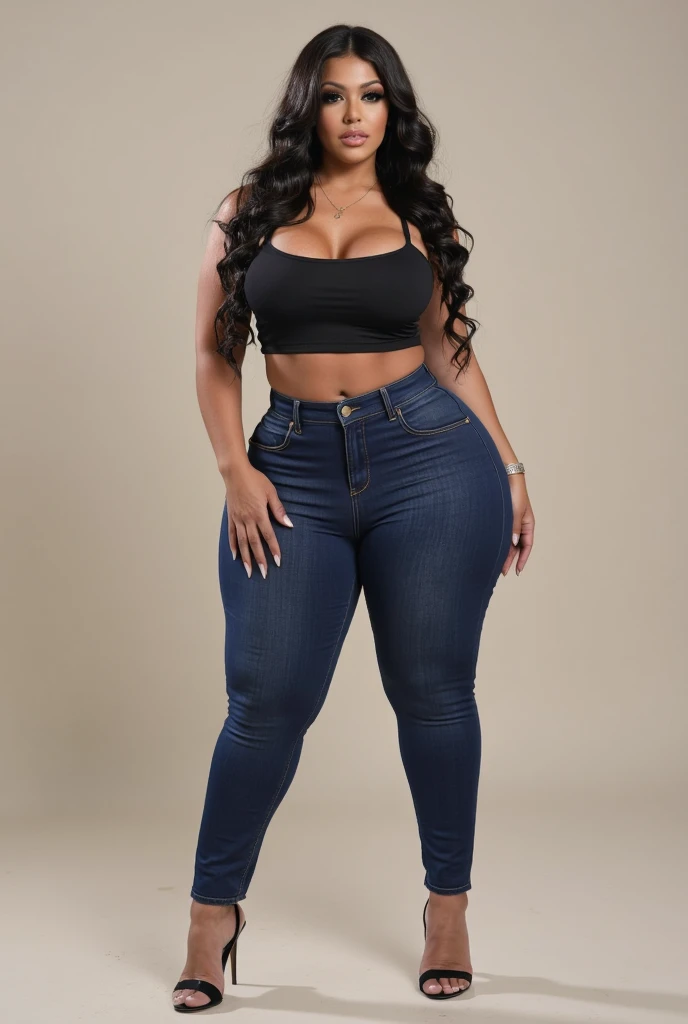 (Curvy:1.8), latina, (one person), (straight black hair), (wearing skin tight jeans:1.4), (thigh high boots:1.4), (tan skin:1.4, (wide hips), (thick thighs:1.6)