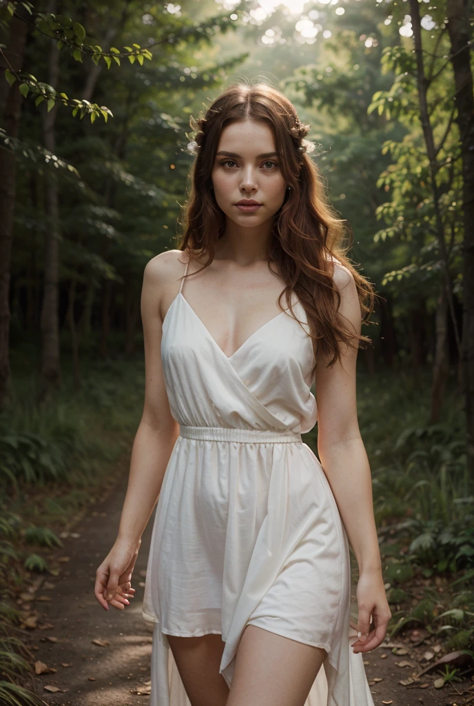 Make an illustration for a fairy tale, about a girl with red hair, small in stature in a blue sundress, solid round eyes, long eyelashes, freckles on the face and shoulders, Talking to animals. the forest, path bushes, Animals.
Best quality, UHD, high quality