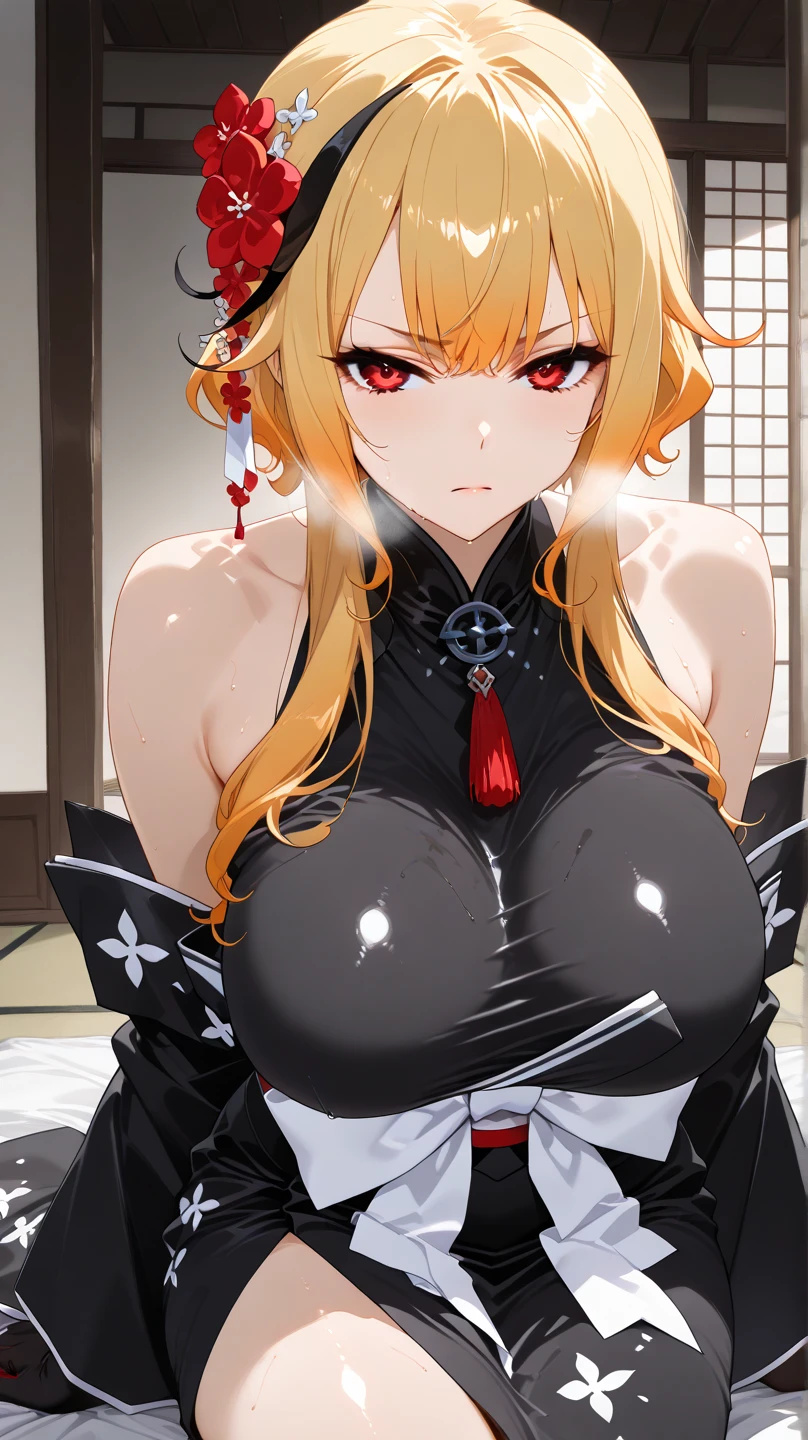 anime (mato seihei no slave), female young , god , sexy (very big tits), actress (Naruhime), yellow eyes, above left eye a lightning-shaped hair pin, short hair reaches the shoulder ,consist of blonde / black strips, vertical slit pupils for her eyes, She was sitting at a meeting of the gods. 