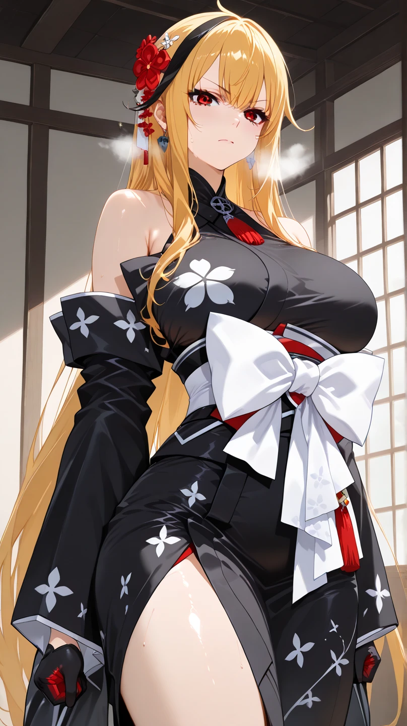 ((Highest quality)),((masterpiece)),(detailed)She is blonde and blue-eyed((Samurai、She is wearing a haori coat and a miniskirt-like hakama.、The collar of the inner garment is an independent shape.、It has a complex shape that fits into the decorative metal fittings on the waist.。My chest is white(Hides breast size、Like a bandage)Wrapped around。My hair isn't that long、A bangs band like a forehead protector、Her hair is tied back in a ponytail with a leaf-like hair clip.。New Year's attire is a long hakama kimono with a sash(However, the shoes are boots.)In this form、Hair is tied in two ponytails