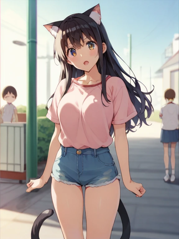 Tanuki girl, Tanuki, kawaii, On the streets of Tokyo, sunset, Sun rays, magical lighting, Akihabara, in cute short dress, undies visible, visible panties, smiling, blush, shy pose, kawaii traje, beautiful hair, looking away short skirt lifted show panties NSFW legs open