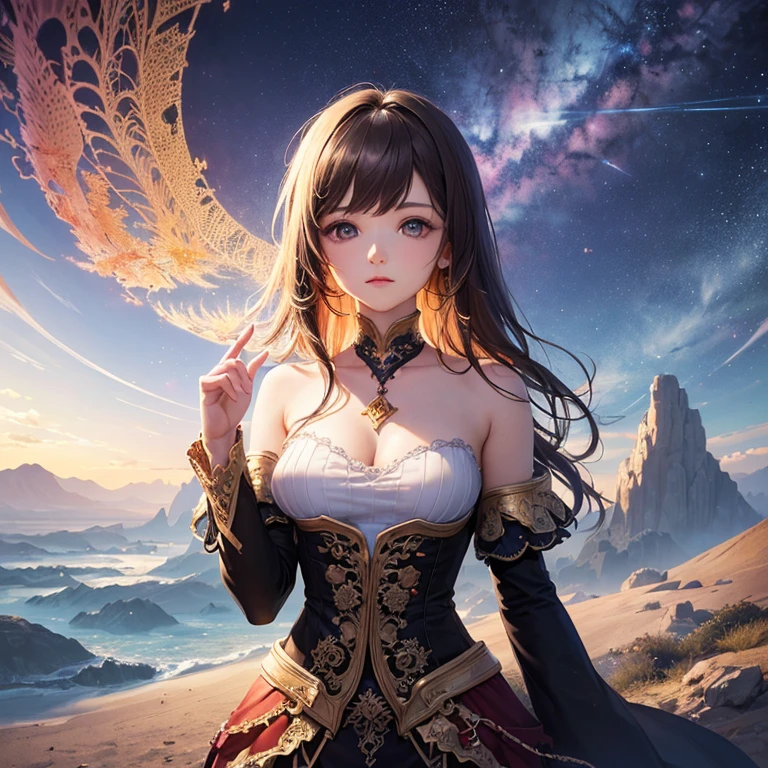 (a girls with beautiful breasts:1.3),(the human:1.3),bangs,(The scenery in the mind of a crazy person:1.5),(Countless dots around:1.3),(digital code:1.5), ,extremely detailed CG unity 8k wallpaper,