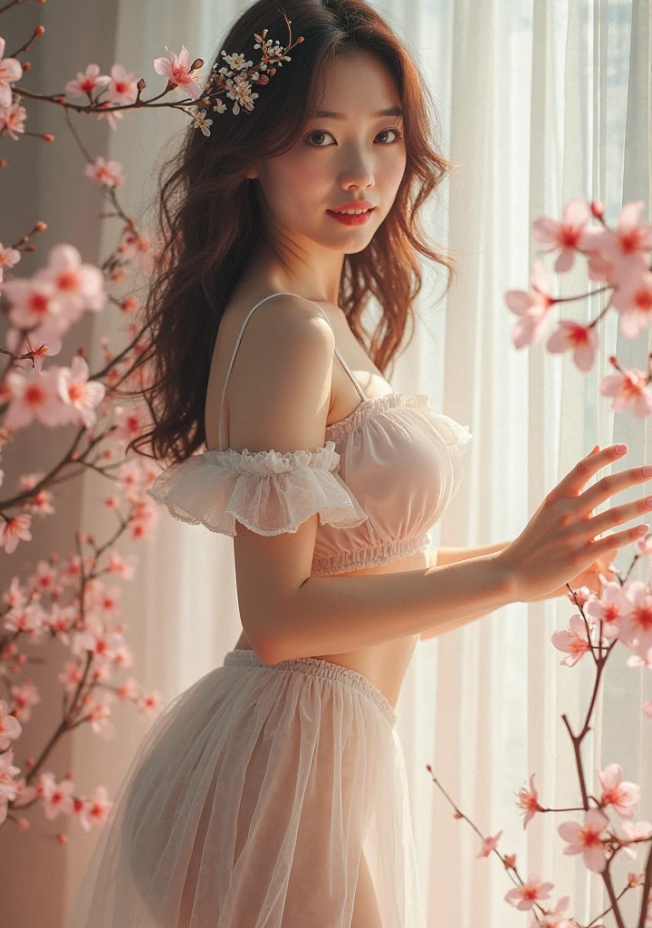 A stunning, intimate portrait of a Korean girl wearing pastel green lingerie, sitting amidst a beautiful flower garden. The girl has long, wavy hair and is looking away, with a sensual expression. The garden is filled with various vibrant flowers, and petals are falling in the background, creating a dreamy atmosphere. The photographer used a Nikon D500 with an 85mm lens, capturing the subject in sharp focus with a hard-lit, volumetric lighting technique to create depth and dimension.