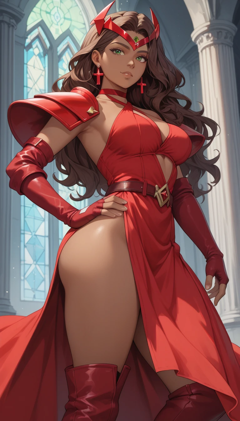 dorothea long hair big breasts red dress