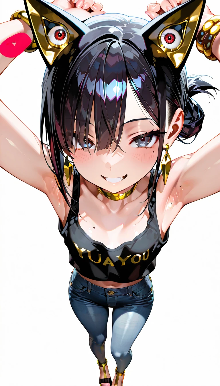 Masterpiece, best quality,Nico Yazawa,cowboy shot,solo ,red eyes,wink, twintails,small breasts, black hair, solo, gothic make up ,crop top,strap slip, denim shorts, choker, (graffiti:1.5), paint splatter, arm behind back, middle finger,against wall, looking at viewer, armband, thigh strap, paint on body, head tilt, headset, fishnet pantyhose,bored,love live style