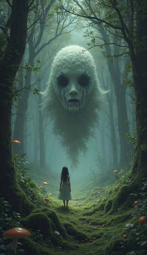 The creature was tall, thin and had pale skin, at first glance it looked like a human but its arms were longer, it was peeking (behind a tree) at a girl playing in the forest.