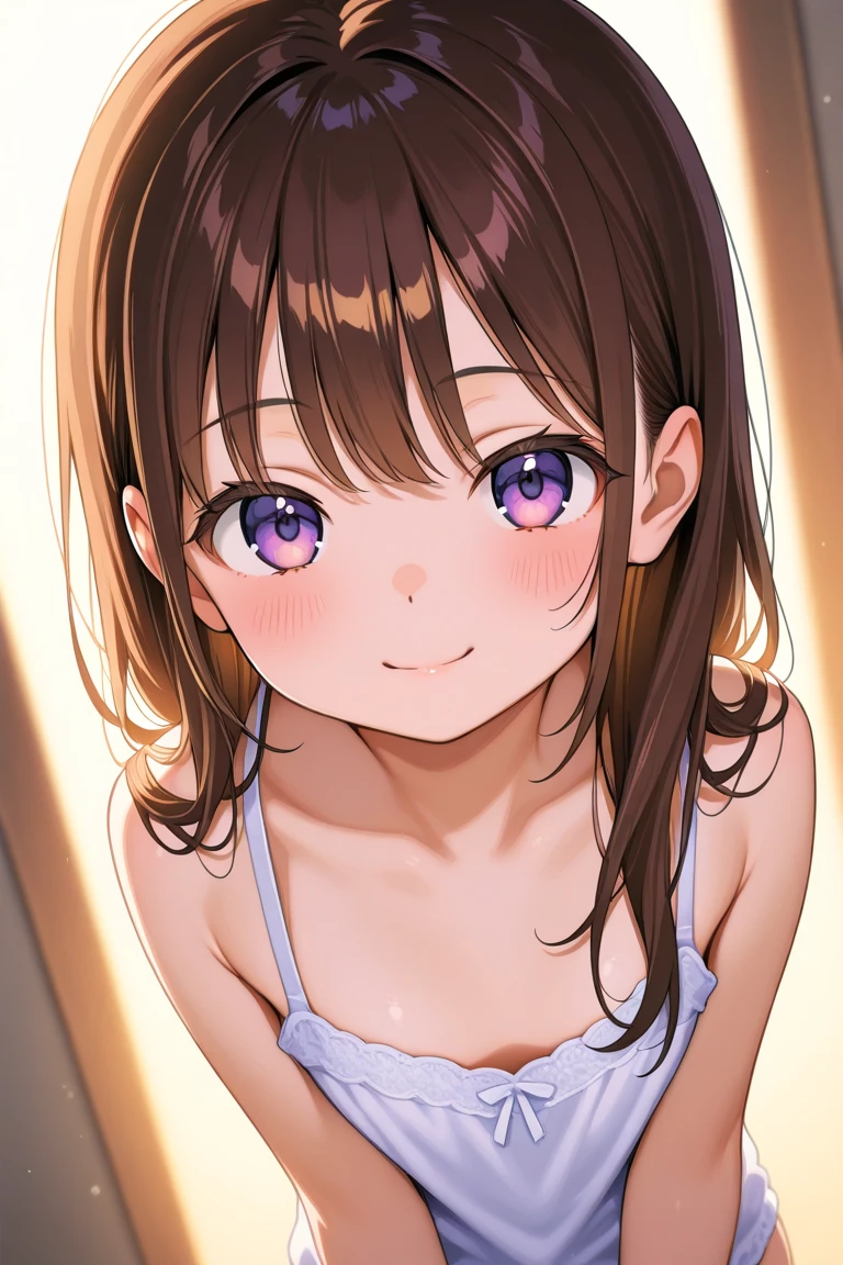 (masterpiece, face focus:1.3), (8K, Raw photography, Top image quality: 1.4), 10yo kawaii elementary school 1girl leaning forward、(Random hairstyles:1.2)、embarrassed with blush, showing small cleavage of the breast:1.2、Super Detail Face、Eye of Detail、Bring your chest together、sharp focus:1.2、pretty infant:1.3, cute loli:1.4、light brown hair、top-quality、超A high resolution、(Photorealistic:1.4)、Highly detailed and professional lighting smile、 Loose and light tanktop、Shoulder out、no bra, light pink erect nipple, serious facial expression、short-haired、Fatal position