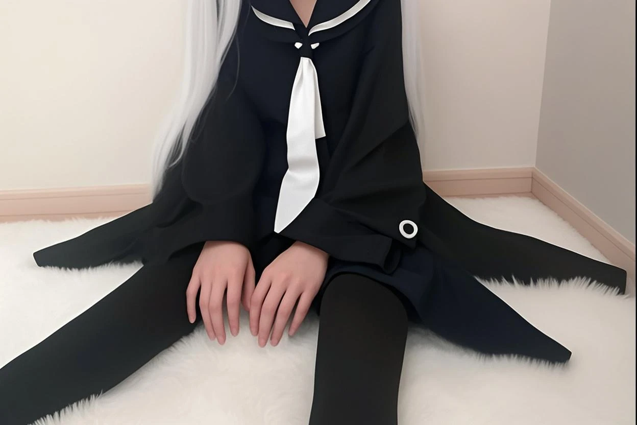 (detailed white panties,brocade),1girl,solo,fern,purple hair,black robe,white dress, sit with your heels on the ground,hold your knees with both hands,open legs,squating,(((straight-on))),nsfw,masterpiece,best quality,highres,8k