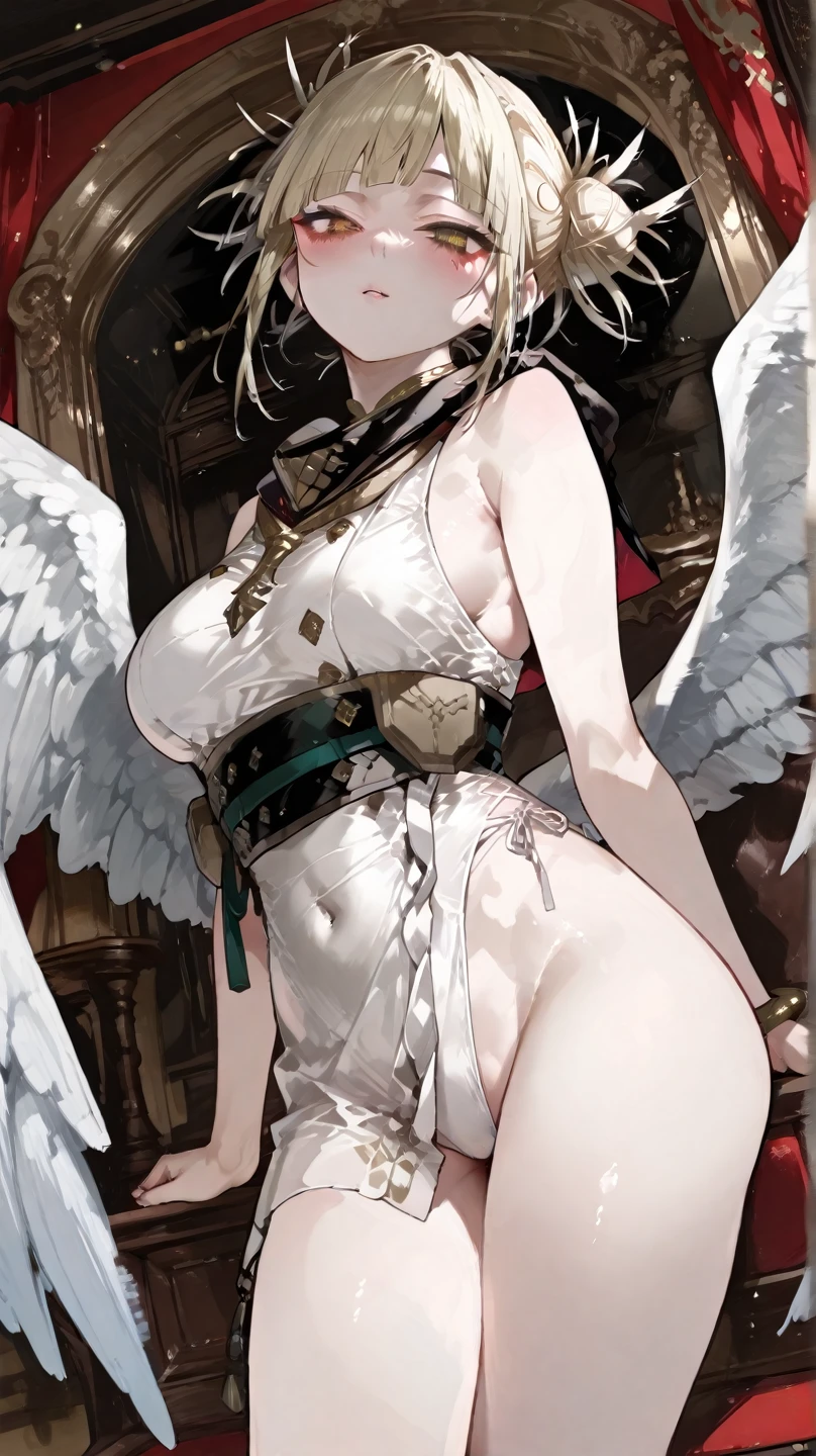 ((best quality)), ((masterpiece)), (detailed), 1girl, Character design, female, dynamic poses, long white grey hair, grey white eyes, very skinny, detailed, best quality, no accesoires around the neck, no shoes, prominent collarbones, skinny arms, flat stomach, visible hip bones, full body, blank white background, plain background, white background, red and white clothing, Bloodborne inspired, occult aesthetic, occult, detailed and intricate steampunk and detailed gothic, NSFW, Very dramatic and cinematic lighting, cosmic horror, grim-dark, side-lighting, perfect face, NSFW, Fluttering lace flared long knee length dress with frilly petticoats, knee length dress, pleated petticoats, petticoats gothic, complex lace boots, side-lighting, gothic aesthetic, wielding a mighty sword with mechanical components, mandalas, small , a fairy, various different types of insect wings, NSFW, full body, whole body, body, plain background, white background, blank background, no background, white background NSFW, chains, full body, whole body, head-to-toe NSFW