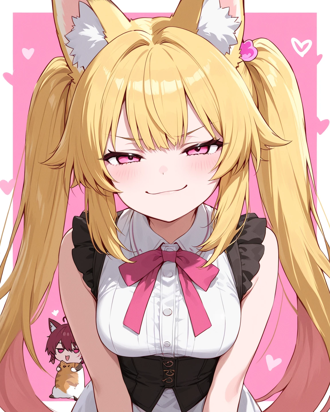girl, medium large breasts, green eyes, long hair, twintails, sandy blonde hair, hearts, pink atmosphere, juicy lips, curvey,, smile, spread legs, on back, spread pussy , grabbing thigh, pudge, flat colour, lineart, beautiful eyes, pink bow, juicy lips