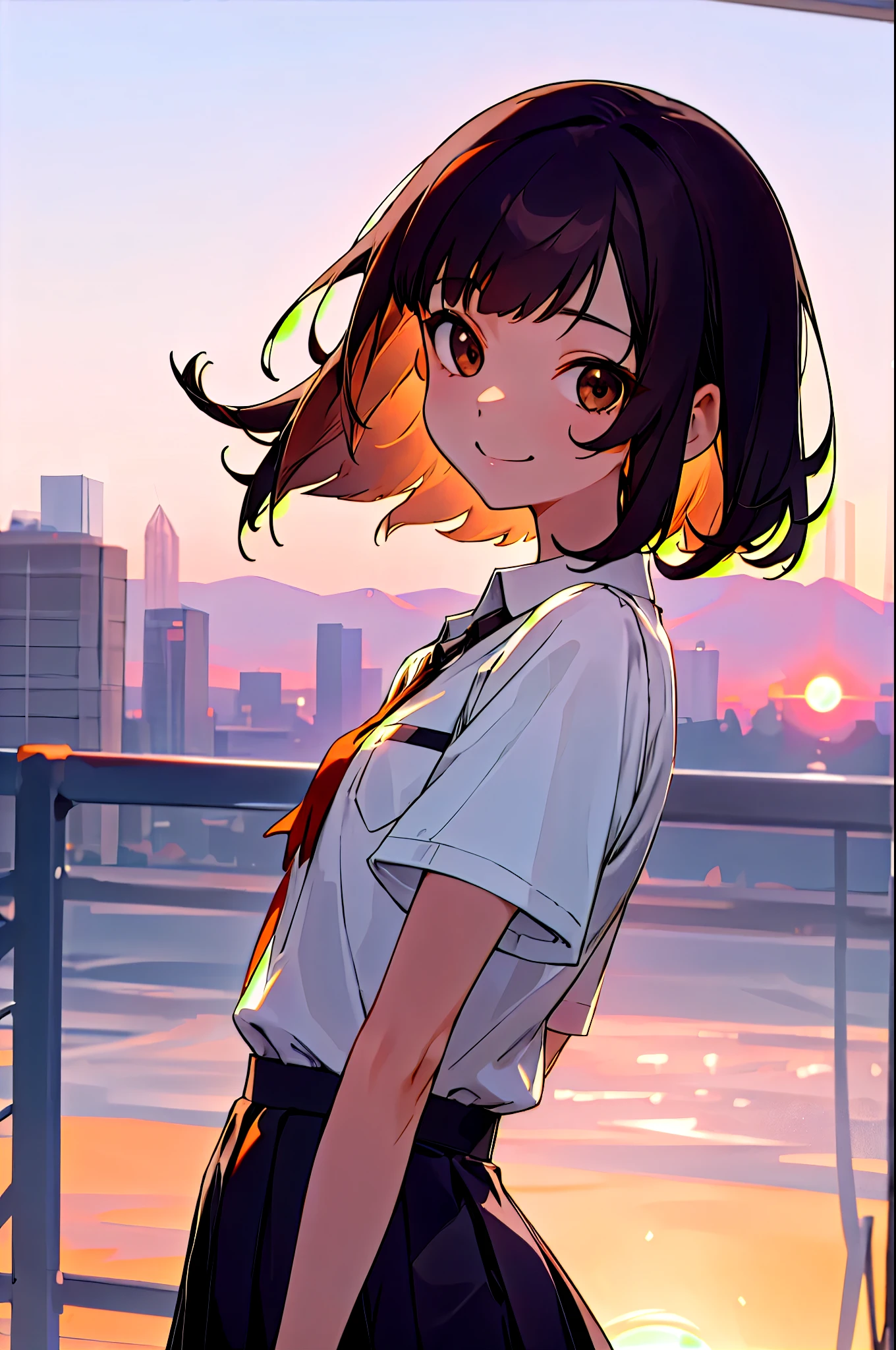 1 girl、One person、short hair、dark haired、brown eyes、Smile Yan、close-up of a small sports girl's upper body、happy vibes、break skirt、Short sleeve、pleated skirt、collared shirt、mini skirt、black skirt、black pantyhose、evening、sunset、The sun goes down、walk、Outdoor break、construction site