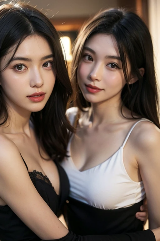 (realistic, photo-realistic:1.37), (masterpiece), (highest quality:1.4), (ultra high resolution:1.2),(RAW photo:1.2), (sharp focus:1.3), (face focus:1.2), vivid details, hyperrealistic, elegant,
beautiful、beautiful、
(2 women、Two people hugging each other、)
french twist, bangs amethyst hair,
deep blue eyes,droopy eyes,
long eyelashes,eye shadow,eyeliner,first round、
(smile),
((Clothes: Cow print bra、Small lace panties):1.37),
Destroying the city、crowd、Attracting attention、night,Bokeh):1.37),