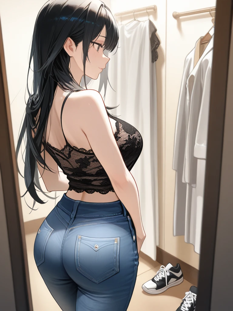 best quality, masterpiece, highres, detailed, perfect anatomy, <lora:Detail - more_details:0.2>, Lauren_OiaL, black hair, long hair, medium breasts, grey eyes, <lora:Lauren_OiaL-10:0.8>, changing room, jeans, bra, from behind, surprised, looking back, 1girl