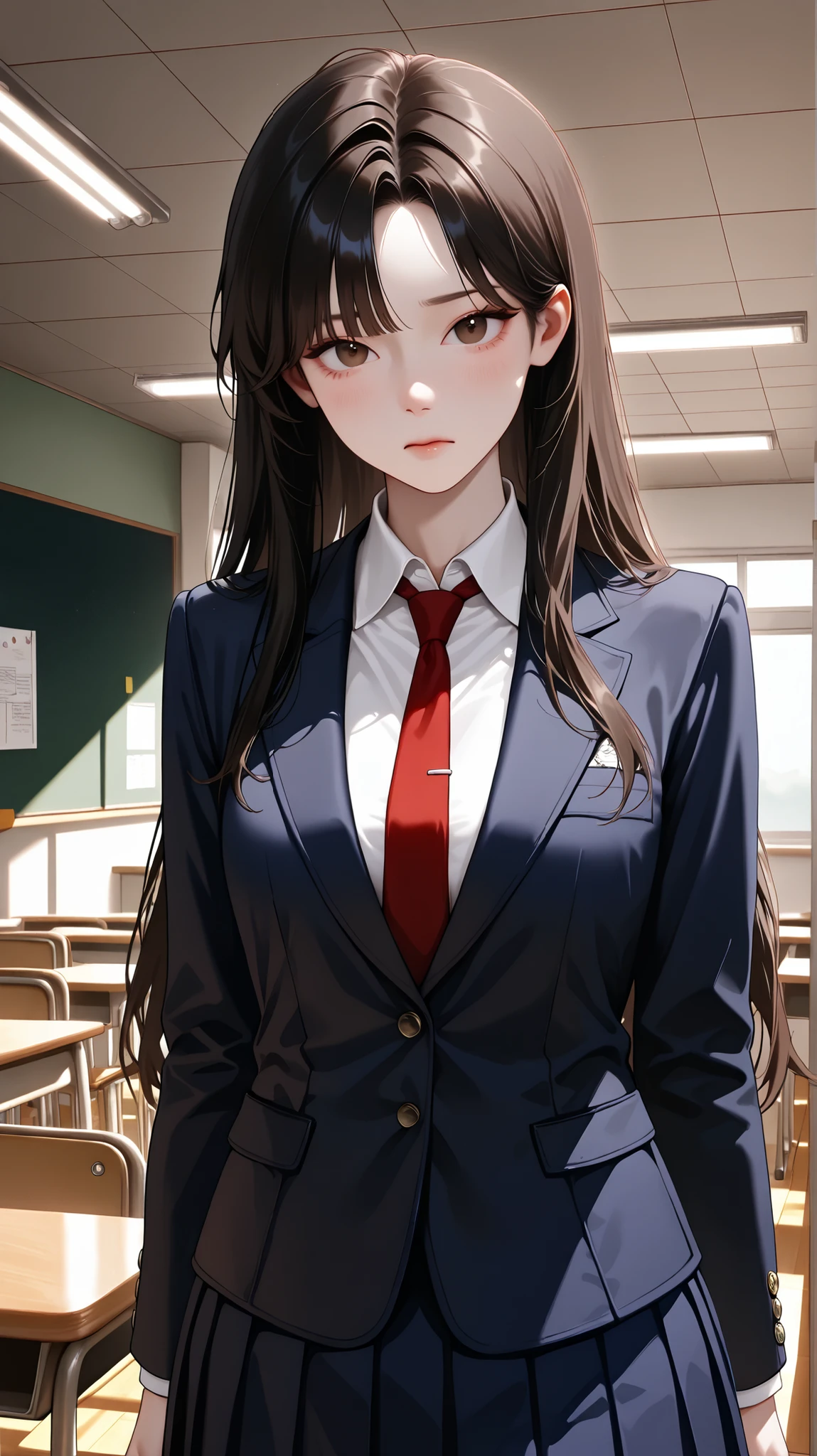 Handsome boy,Literary,High school classroom,Only one man and one woman,Man writing on the desk,A woman is reciting an ancient poem on the blackboard,The perspective is the entire classroom。