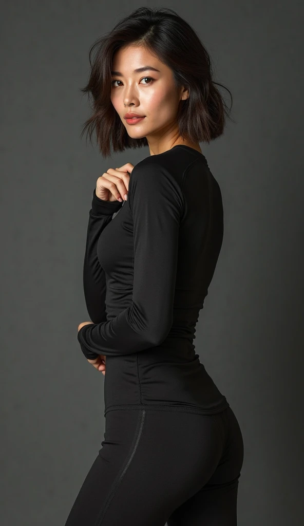 a woman in preto top and leggings posing for a picture, wearing preto tight clothing, preto shirt, preto, Manga compridas, roupas esportivas, skintight preto clothes, preto clothing, preto shirt underneath armor, preto top, preto jersey, roupas esportivas, preto undersuit, wearing preto clothes, wearing a preto shirt, Manga comprida, preto t shirt, preto clothes