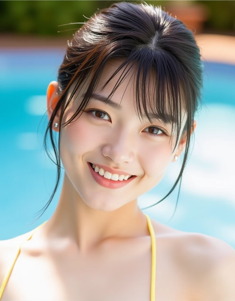 Outdoor leisure pool、in poolside、(dynamicposes)、profile、masutepiece, Best Quality, finely detail, hight resolution, in 8K, Perfect dynamic composition, Beautiful detailed eyes, ⦅extra small micro bikini⦆,(huge udder:1.3)、 Natural Color Lip, Bold sexy poses,huge smile,20 years girl、Cute、(masterpiece、top-quality) 、For clear images、Strong sunshine、absolutely outstanding image, very extremely beautiful、masterpiece, top-quality,a picture, kawaii、(Colossal tits:1.2)、((20 year old woman:1.2))、Young adorable Japan face, dewy skin,,Soft portrait shots,in 8K,Japan girl realistic young idol、Young cute gravure idol、Young Sensual Gravure Idol、Young gravure idols、model in Japan