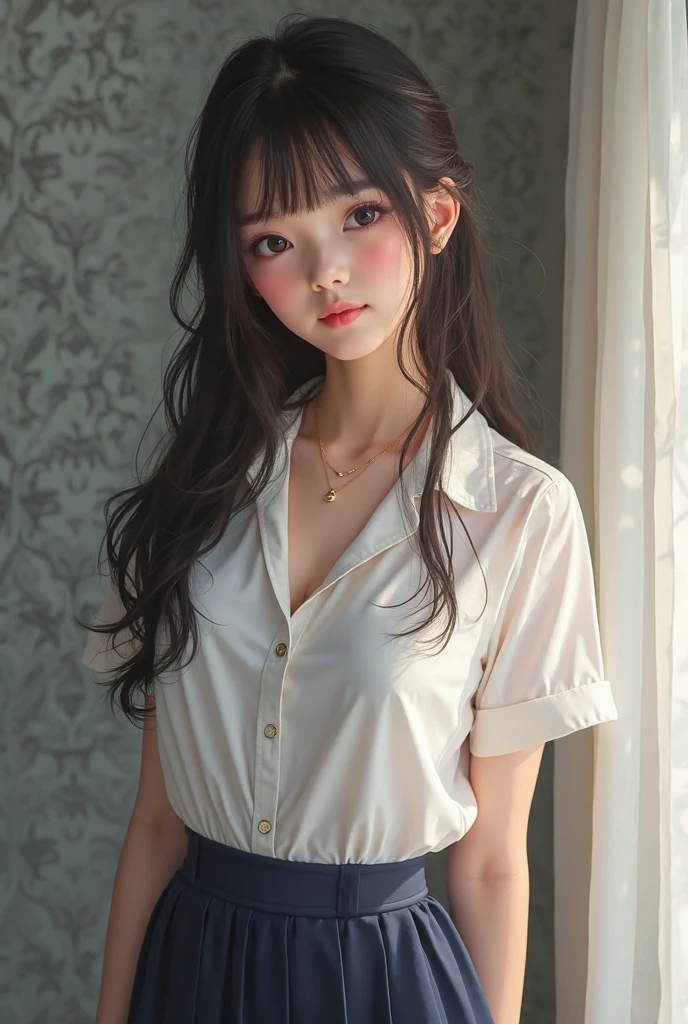 Close-up of a little loli in a white silk shirt and denim shorts, on top of the bed, 16yo girl, slim body shape, Very small, Thighs and pantyhose, Staring, Very long hair,Lovely and full of charm(Skinny,Shy :1.3,pitying,) , Point your finger at the audience,hyper HD, Masterpiece, Textured skin, Super detail, High details, High quality, Award-Awarded, Best quality, A high resolution, 16k --auto