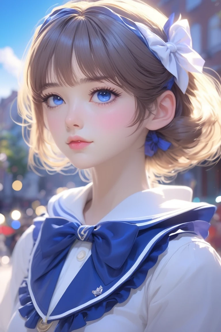 ((Top Quality, 8k, Masterpiece: 1.3)), little girl, uniform, dark blue skirt, ultra-detailed face, detailed lips, detailed eyes
