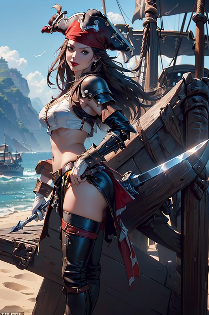 The woman's head is an octopus monster、The female body is a sexy female body。I'm wearing a bodysuit。A woman is on a pirate ship。Sail the seas at night。There are lanterns that emit blue and red light at your feet.。Woman holds a sword。It's a world of swords and sorcery。There are dragons flying in the sky。high-definition picture、Fantastical、fantastical light、Fantasia、Blue lantern、Red Lantern、Multicolored light、Water droplets、An ultra-high picture quality