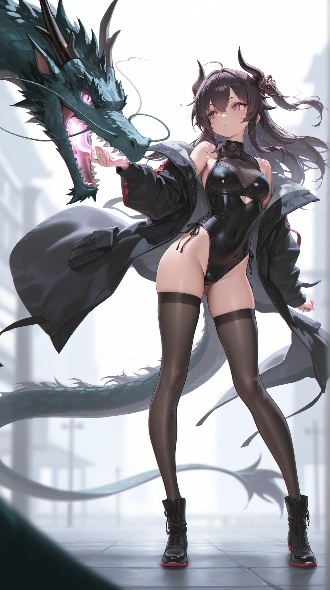 masterpiece， Highest quality， Observe the audience， length Hair， Fresh， （Wavy Hair：0.7），
White Theme， （（（（Grey Ruins，）））），Human whole body，See-through leotard，Front view，Side view，Back view，Crimson Eyes，Bright Eyes，length, Pure white straight hair，Small breasts、A light smile，（Cowboy Shot），Ultra-high resolution，Accurate，Very detailed，Awards，Attention to detail，Highest quality，8K、High leg leotard、Doomsday of the World、Black Dragon、Sexy beauty、Big Breasts