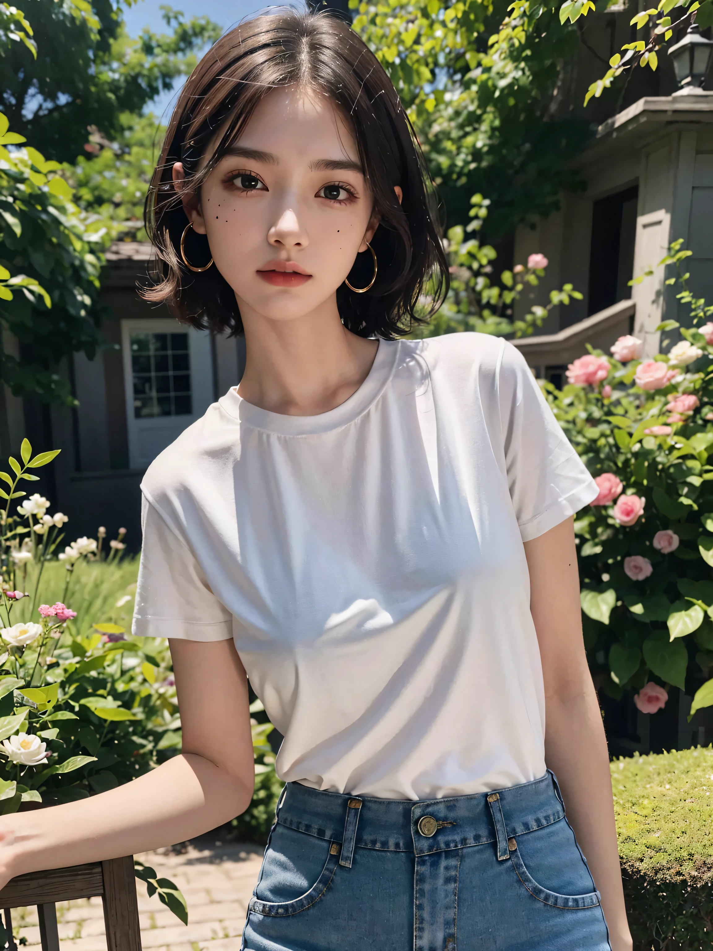 absurdres, RAW photo, extremely delicate and beautiful, masterpiece, Best Quality, ultra high resolution, 32k, hyperrealistic, ultra-detailed, perfect anatomy, super Detailed skin, perfect figure, Super Beauty, Perfect Style, Perfect balance, in her 20s, very small head, very small face, delicate facial features, tearful mole, earring, huge round breasts, legs, medium hair, full body shot, tight t-shirt, Tight skinny jeans, outdoor,