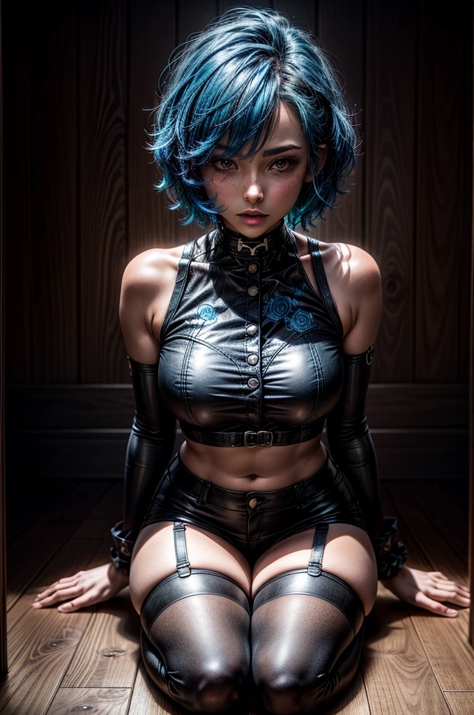 sexyなポーズをする,(8k,Masseter muscle part:1.2、highest quality)、(live action、intricate details)、(1 、solo、Upper body、big breasts) sexyなランジェリー、sexy,attractive avant garde、experimental look: blue hair mohawk、real looking skin dramatic makeup、: attractive,sexyコスチューム,shorts,Counter、provocative location: urban art district、laughter Underground music scene hobbies: Create mixed media art、Experiment with the values of different subcultures: personality、credibility、inspiration for creative expression: punk rock music、counterculture icon、Avant-garde art movement personality traits: boldness、boldness、unconventional,masterpiece,highest qualityのフォトリアリスティックなRAW写真。bright colors,rich colors, Backlight, cinematic lighting, film grain, to be born, 50mm lens, Nikon D850,detailed character art,fantasy art,ultra high resolution,super realistic skin,Perfect hand shape,Super beautiful(like the real thing),sexyなポーズ,on the bed,