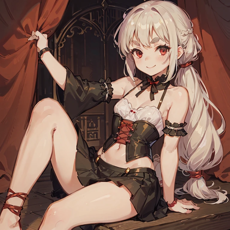 best quality, amazing quality, very aesthetic, absurdres, (1girl, mutsuki, blue archive, solo, red eyes, white hair, side ponytail), (realistic face:0.9),(lace-trimmed bra:1.8),dress lift, (grin, blush, thigh:1.3), (cowboy shot), (glistening eyes), (from side:2), (official art:1.3), (panties around one leg), expressive eyes, perfect face, extremely detailed eyes, perfect anatomy, smooth skin, (anime background:1.5), clear eyes, beautiful face, small breasts,(anime style:1.7), (Warm Light:1.5), (highres:2),
